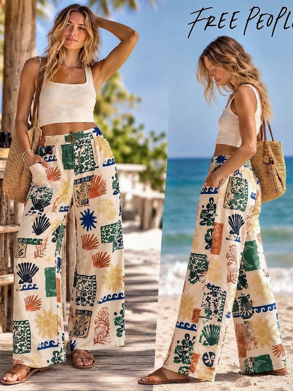 Free People Seaside Pull-On Pants XS Ivory Combo Wide Leg Boho
